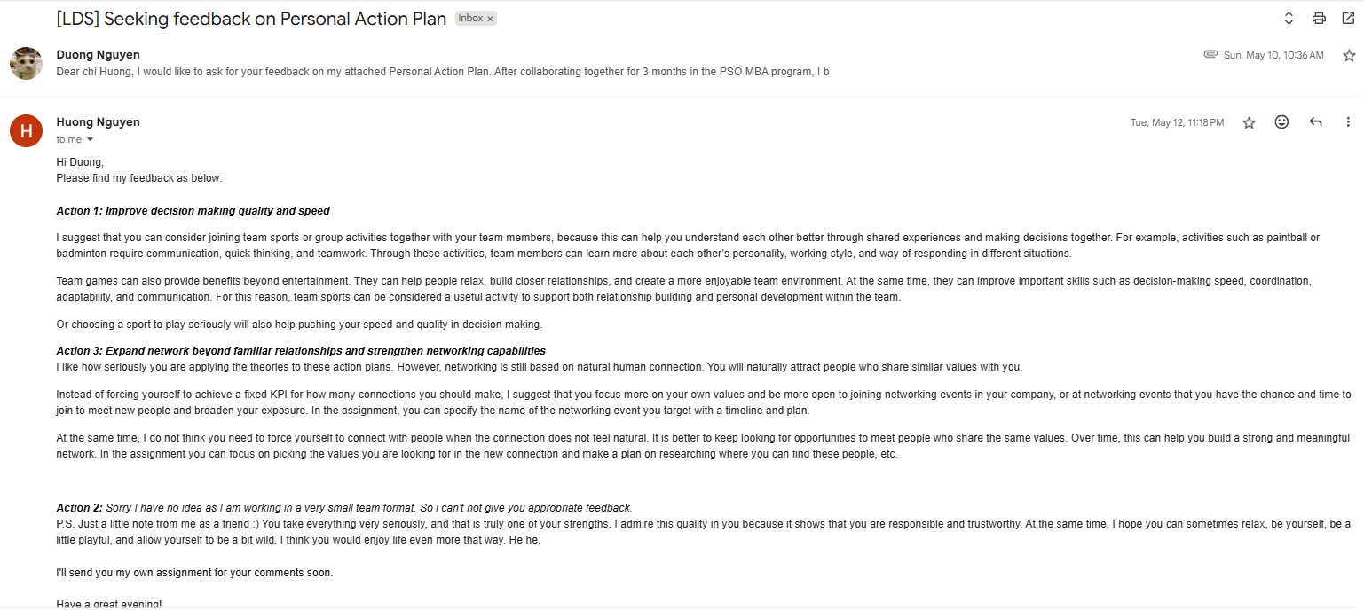 Feedback from Nguyen Thi Kim Huong